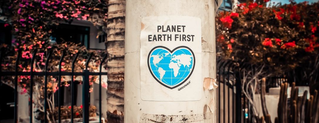 a flyer on a pole that says "Planet Earth First" 